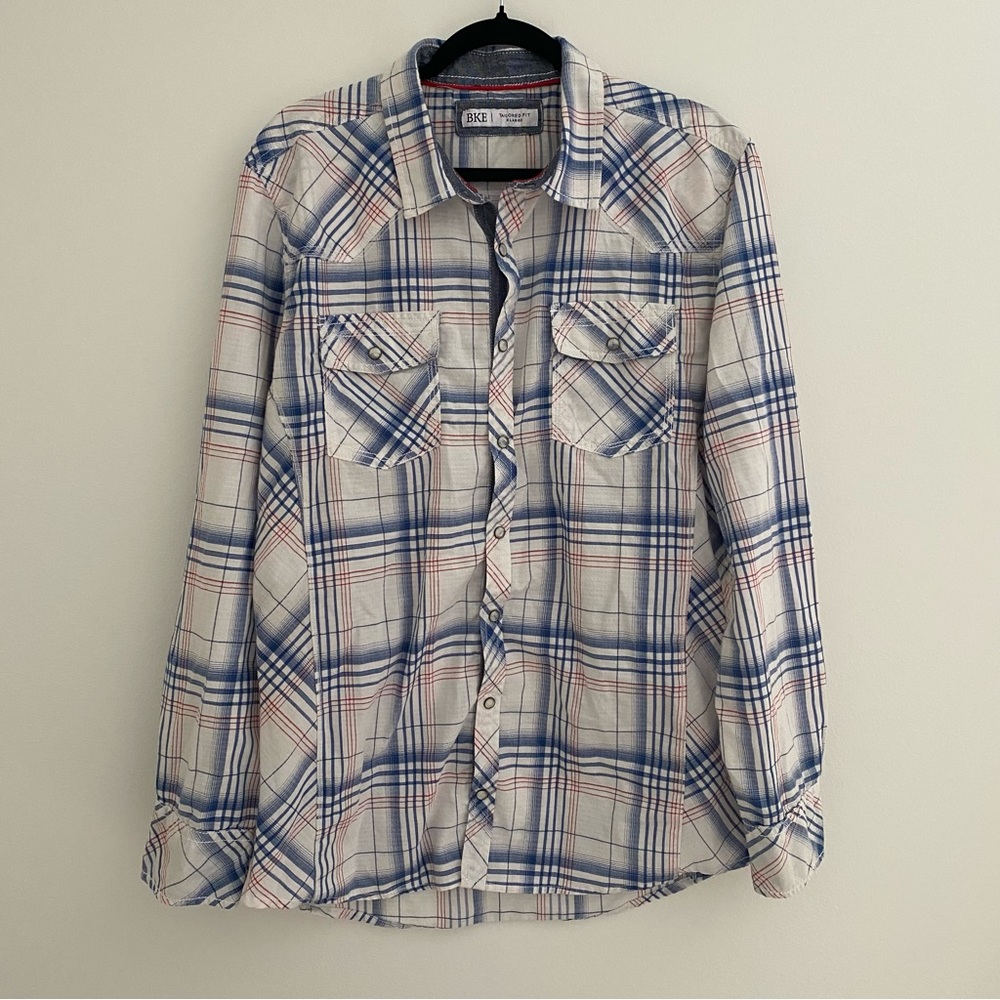 BKE White Plaid Button-Down Shirt with Blue & Red Accents